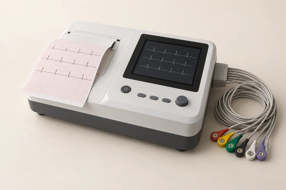 Illustrative 3D rendering of an ECG recorder with electrode cables
