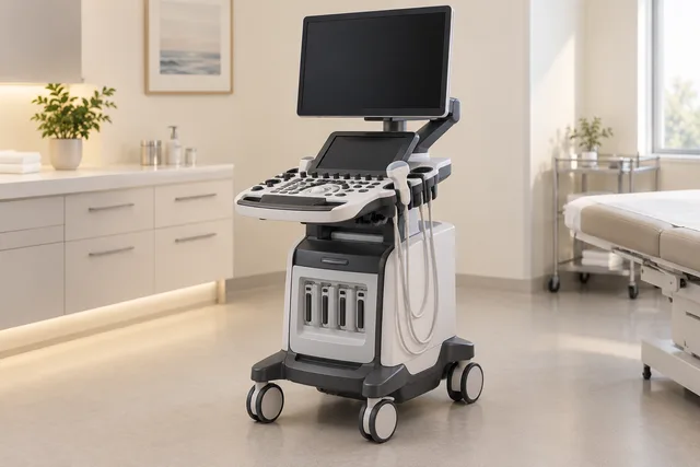 Illustrative cardiac ultrasound equipment with a blank screen