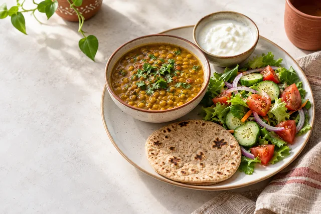 Illustrative meal with lentils, wholegrain roti and a variety of vegetables