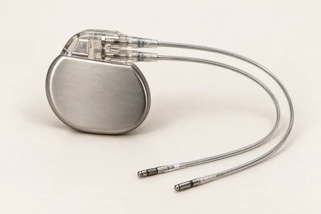 Illustrative 3D rendering of a pacemaker generator and pacing leads